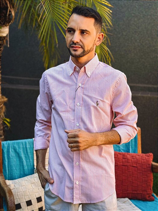Camisa Ralph Lauren Masculina Manga Longa Custom Fit Listrada Laranja Pony Colorido