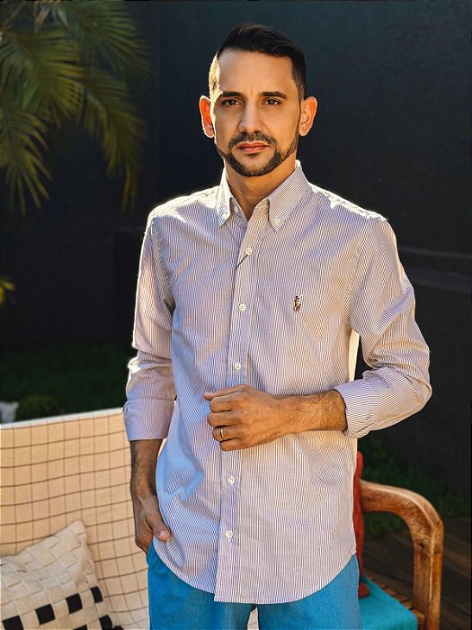 Camisa Ralph Lauren Masculina Manga Longa Custom Fit Listrada Bege Pony Colorido