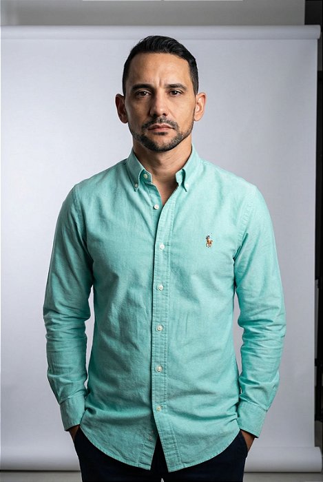 Camisa Ralph Lauren Manga Longa Oxford Verde Água Pony Colorido
