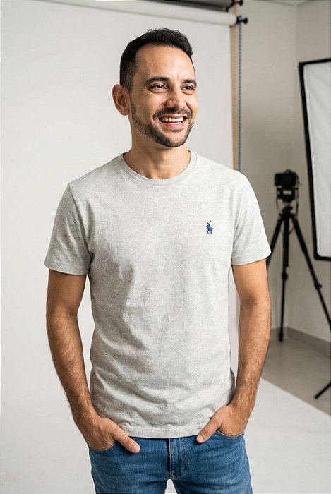 Camiseta Ralph Lauren Masculina Custom Slim Fit Cinza Mescla Pony Azul Bic