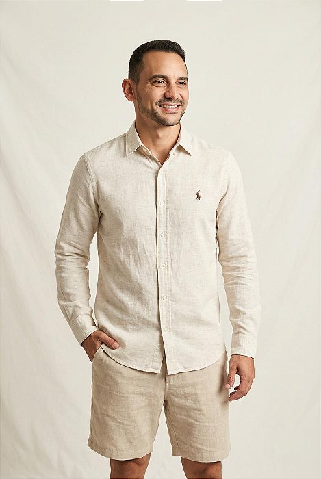 Camisa Linho Puro Cru Ralph Lauren Manga Longa Pony Marrom