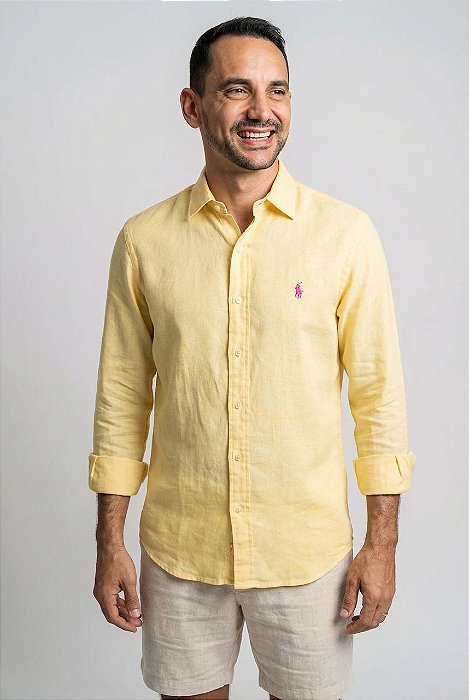 Camisa Linho Puro Amarelo Bebê Ralph Lauren Manga Longa Pony Pink