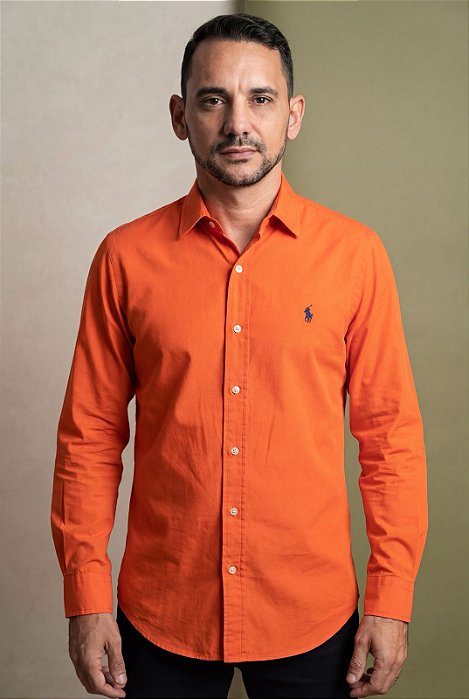 Camisa Ralph Lauren Manga Longa Tricoline Laranja Pony Azul Marinho