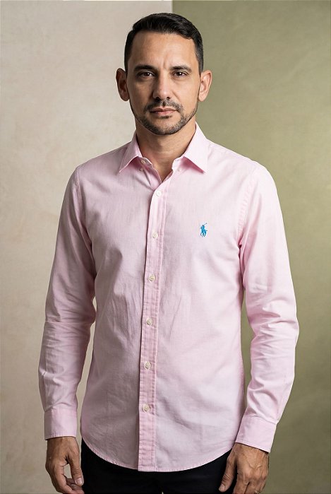 Camisa Ralph Lauren Manga Longa Tricoline Rosa Bebê Pony Azul Celeste