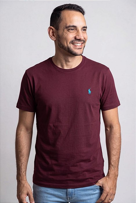 Camiseta Ralph Lauren Masculina Custom Slim Fit Vinho Pony Azul Celeste
