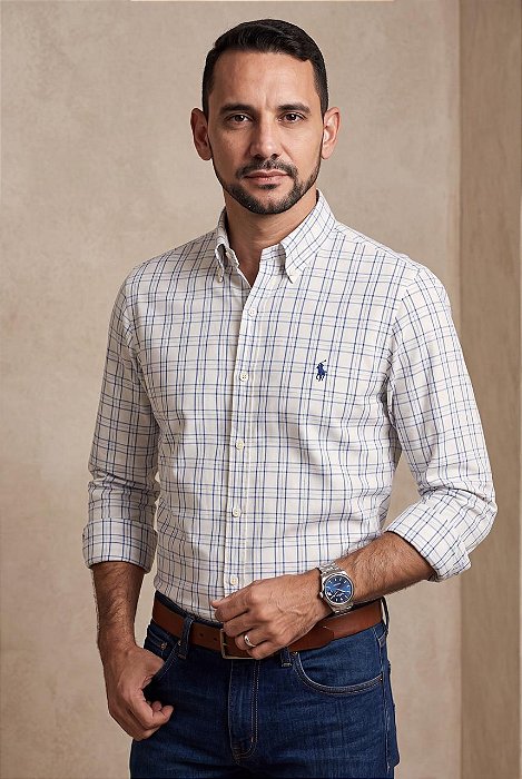 Camisa Ralph Lauren Masculina Manga Longa Custom Fit Xadrez Madras Branca/Azul Pony Azul Bic