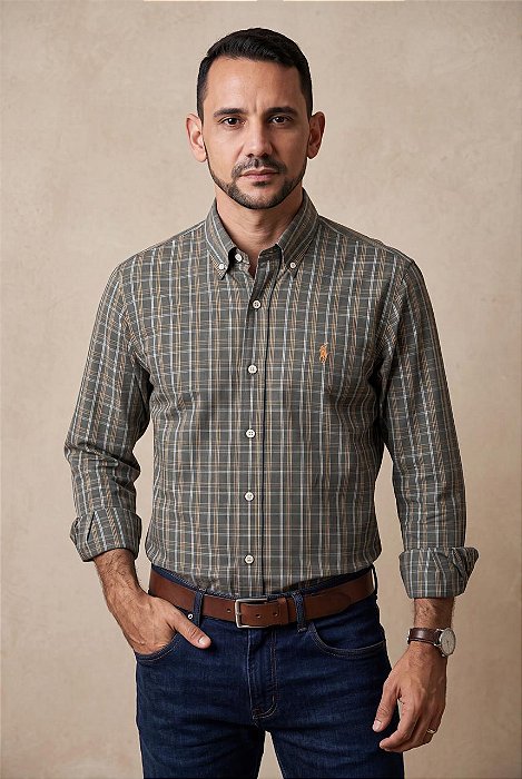 Camisa Ralph Lauren Masculina Manga Longa Custom Fit Xadrez Madras Verde Musgo Pony Laranja