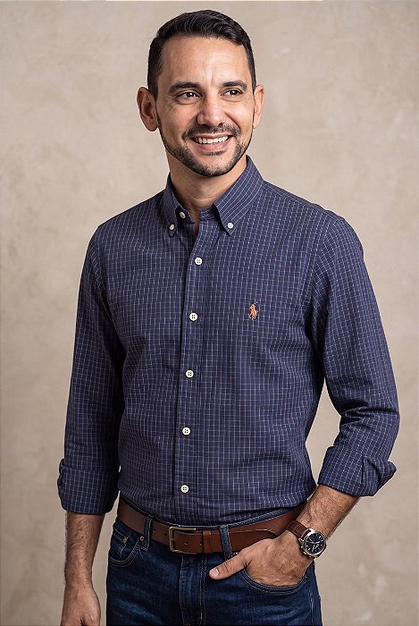 Camisa Ralph Lauren Masculina Manga Longa Custom Fit Xadrez Madras Azul Marinho Pony Laranja