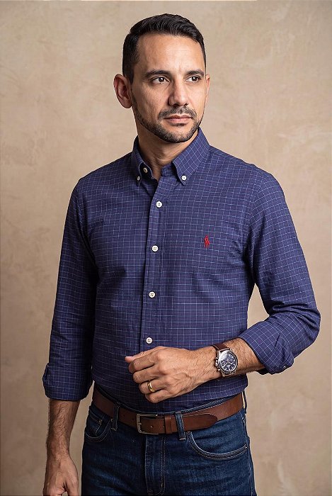 Camisa Ralph Lauren Masculina Manga Longa Custom Fit Xadrez Madras Azul Marinho Pony Vermelho Rubi