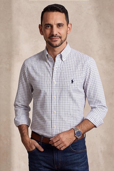 Camisa Ralph Lauren Masculina Manga Longa Custom Fit Xadrez Madras Branca Pony Marinho