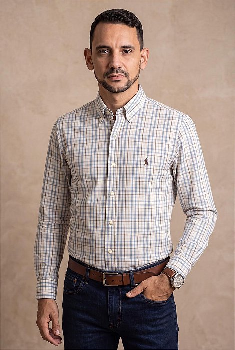 Camisa Ralph Lauren Masculina Manga Longa Custom Fit Xadrez Madras Azul/Marrom Pony Marrom
