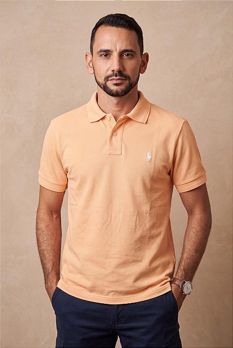 Camisa Polo Ralph Lauren Masculina Custom Fit Laranja Melon Pony Branco