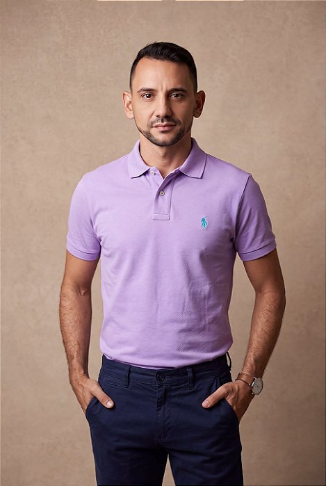 Camisa Polo Ralph Lauren Masculina Custom Fit Lavanda Pony Azul Celeste