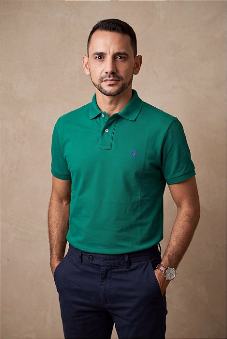 Camisa Polo Ralph Lauren Masculina Custom Fit Verde Esmeralda Pony Azul Bic