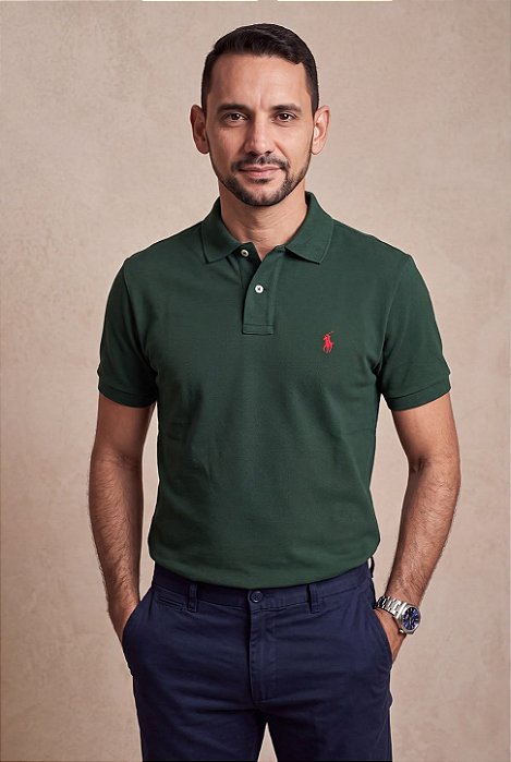 Camisa Polo Ralph Lauren Masculina Custom Fit Verde Escuro Pony Vermelho