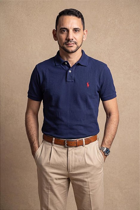 Camisa Polo Ralph Lauren Masculina Custom Fit Azul Marinho Pony Vermelho