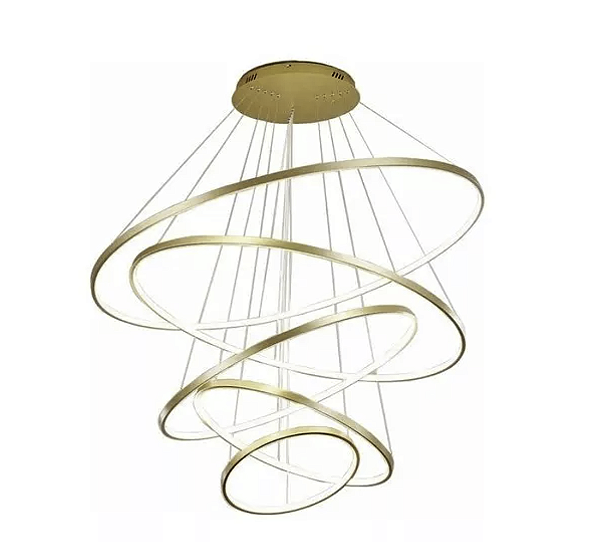 Lustre 5 arcos pé direito duplo dourado led lente cristal