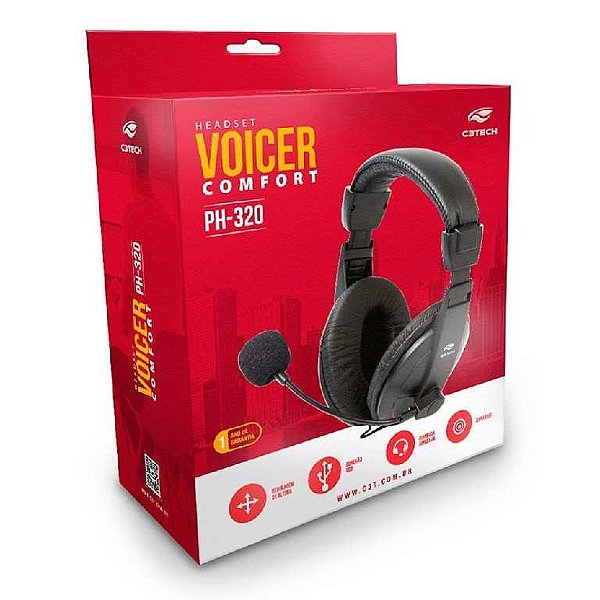 Fone de ouvido headset com microfone com plug p2 preto voicer comfort c3tech - ph-60bk