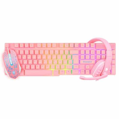 Combo gamer Teclado + Mouse + Headset Rosa Led Rainbow Evolut - Eg53