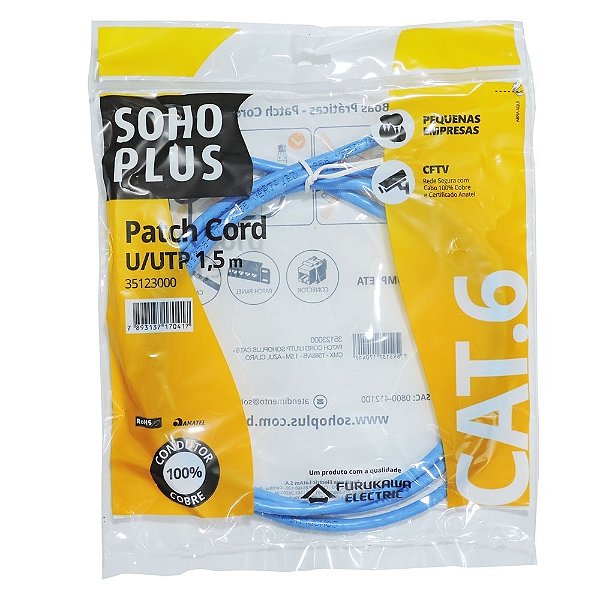 Cabo patch cord cat6 1,5 metros azul furukawa sohoplus 35123000 cobre homologado anatel