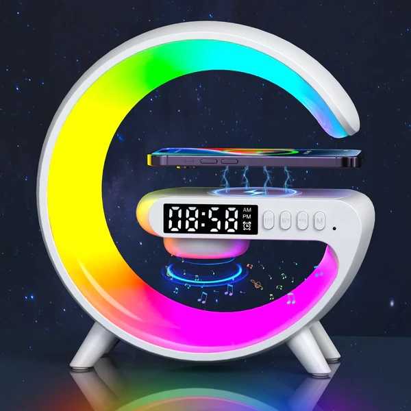Almofada de carregador sem fio multifuncoes, rgb, estacao de carregamento, alto-falante, luz noturna 15w - branco