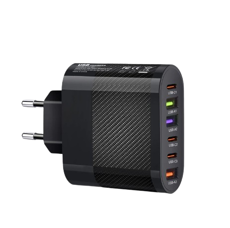 Fonte de carregador celular usb c 65w 3 portas tipo C e 3 portas USB carregamento rápido - preto