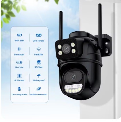 Camera de protecao de seguranca wi fi 360°  lente dupla, 4mp com cartao 64g rastreamento onvif