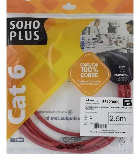 Patch Cord u Utp Sohoplus Cat.6 - t568ab - 2.5m Vermelho - Furukawa