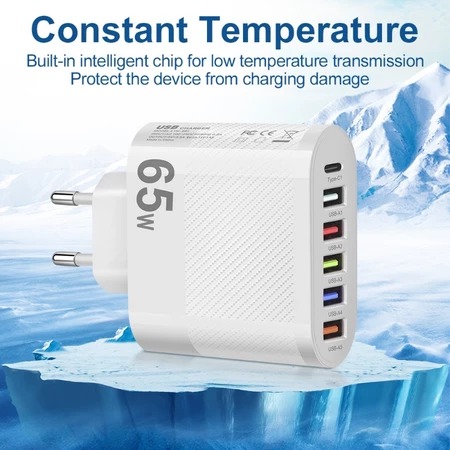Fonte de carregador telefone 65w usb 5 portas USB e 1 porta tipo C - branco