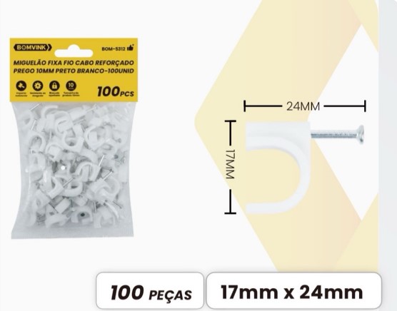 Fixador de Cabos Reforcado Prego 10mm com 100pcs BOM-5312