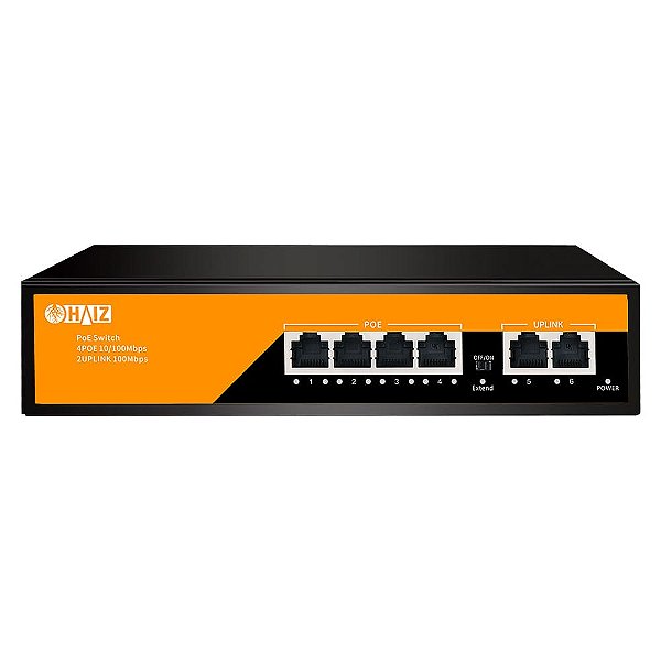Switch Poe 4 Portas Poe Ativo + 2 Uplink Fast 10/100 Mbps HZ-1006P-EA2