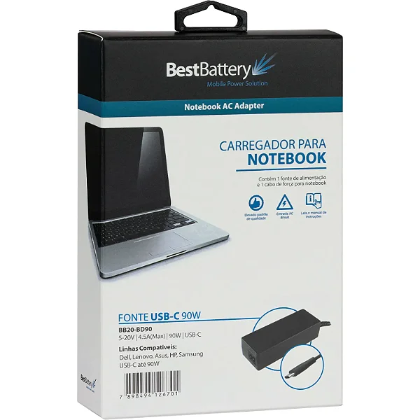 Fonte Notebook USB-C 5-20V 4.5A 90W - BestBattery
