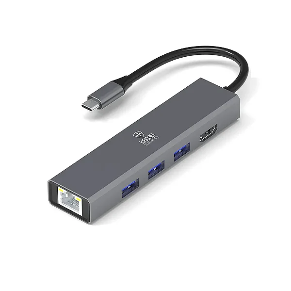 Adaptador Kross 6 em 1 Tipo C para RJ45, Pd, 3x Usb 3.0 - Ke-UCT618