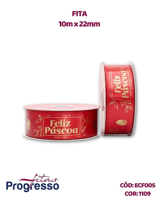 FITA DE CETIM VERMELHA DECORADA - FELIZ PÁSCOA - FITAS PROGRESSO