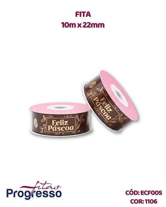 FITA DE CETIM MARROM DECORADA - FELIZ PÁSCOA - FITAS PROGRESSO