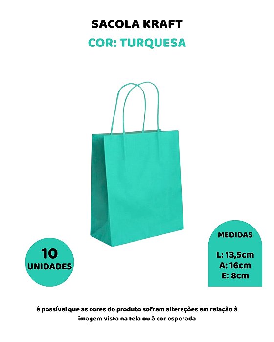 SACOLA KRAFT C/10UN TURQUESA - 13,5X8X16cm