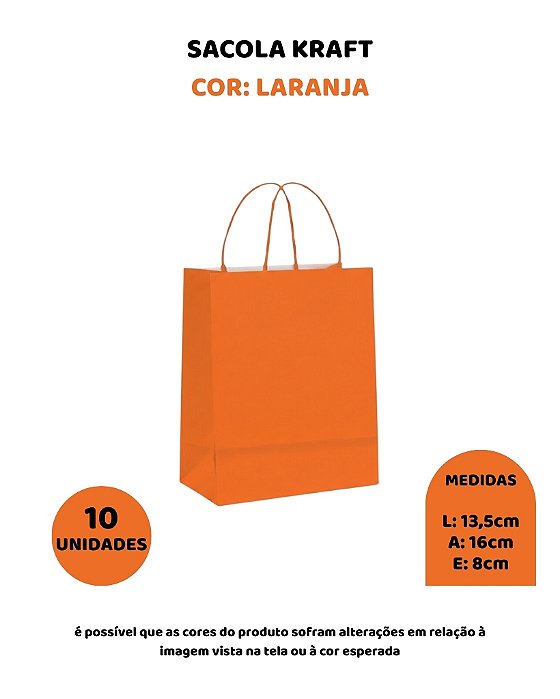 SACOLA KRAFT C/10UN LARANJA - 13,5X8X16cm