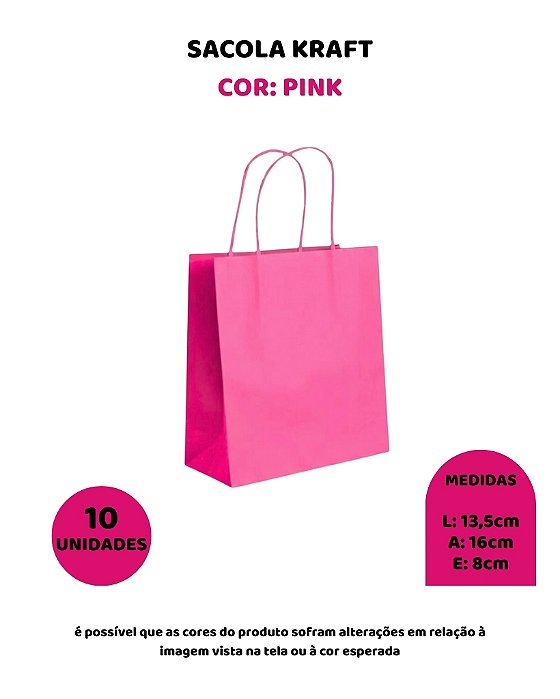 SACOLA KRAFT C/10UN ROSA PINK - 13,5X8X16cm