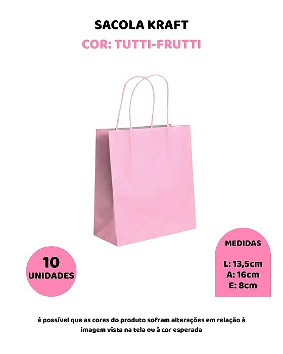 SACOLA KRAFT C/10UN ROSA TUTTI-FRUTTI - 13,5X8X16cm