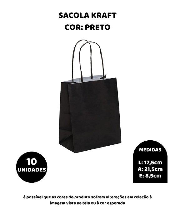 SACOLA KRAFT C/10UN PRETA - 17,5X8,5X21,5cm