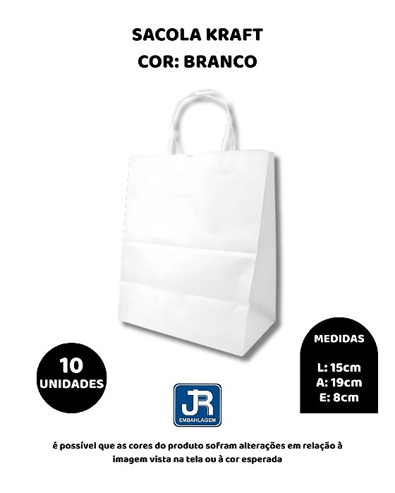 SACOLA KRAFT C/10UN BRANCA 15X8X19cm - JR EMBAHLAGEM