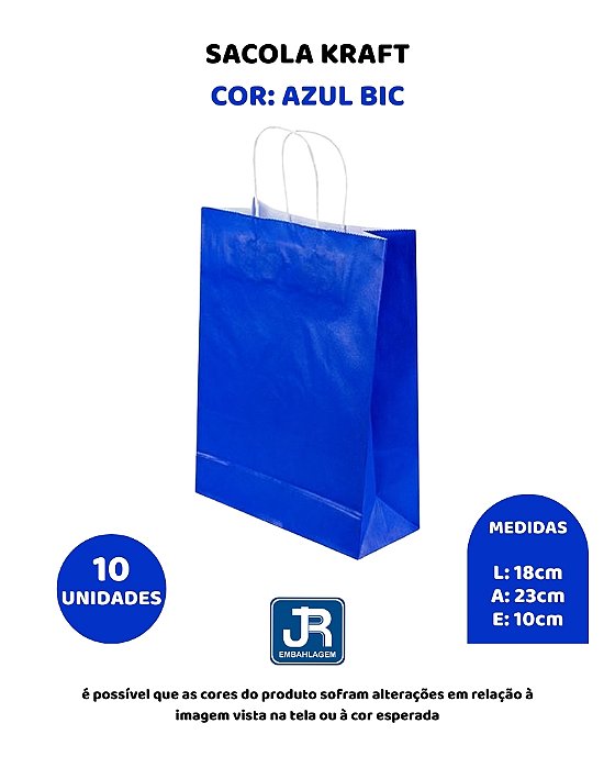SACOLA KRAFT C/10UN AZUL BIC 18X10X23cm - JR EMBAHLAGEM
