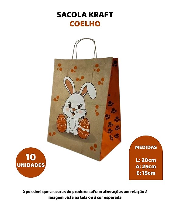 SACOLA KRAFT C/10UN COELHO - 20X15X25cm (PÁSCOA)