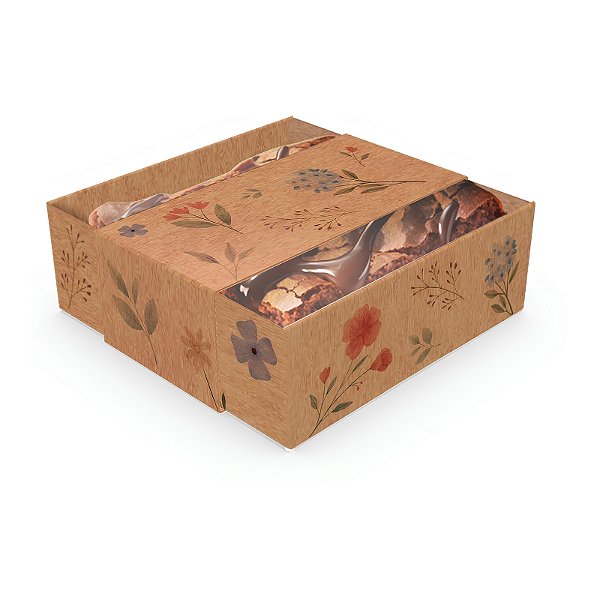 CAIXA PARA BROWNIE FLORES DO CAMPO - KRAFT C/25UN 7X7X2,5CM - IDEIA C5464 (NAM)