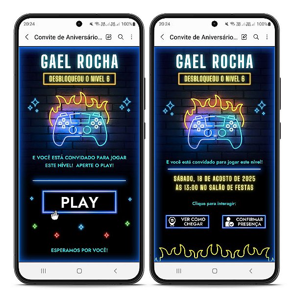 Convite Animado Vídeo Game - Interativo C/ Sistema Confirmar