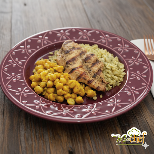 Filé de frango grelhado + Arroz integral com espinafre + Grão de bico com açafrão (340g)