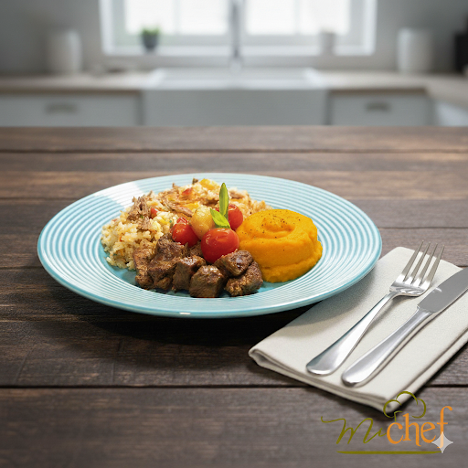 Filé mignon com tomate cereja e cebola mini + Purê de abobora com gengibre + Arroz de costela (420g)