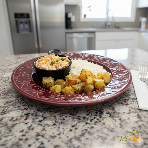 Fricassê de frango + Batata doce rústica + Arroz branco (340g)