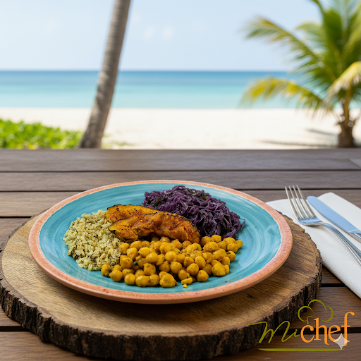 Grão de Bico com Açafrão + Abóbora com especiarias + Arroz integral com espinafre + Repolho roxo com ervas (420g)