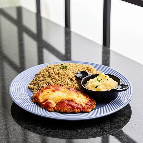 Parmegiana Fit + Purê de batata doce + Arroz integral com espinafre (440g)